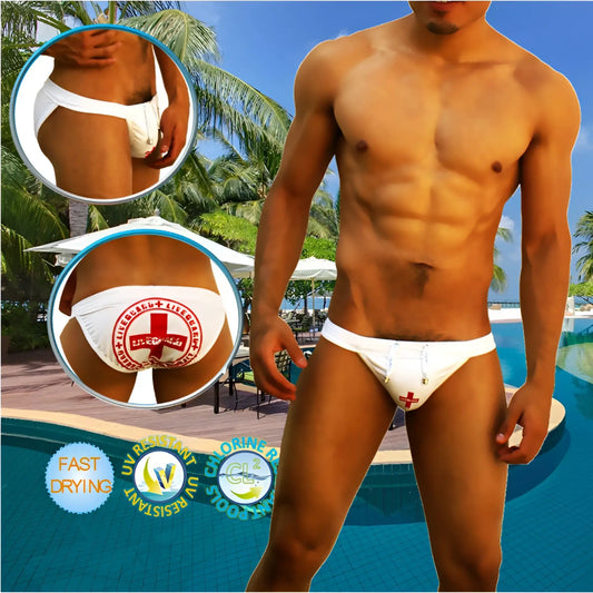 White icker sea lifeguard micro slip bikini swimwear with red cross emblem and drawstring closure