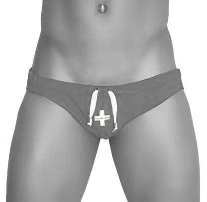 Gray athletic briefs with white drawstring and cross emblem from icker sea lifeguard slip bikini swimwear black cob-13-23
