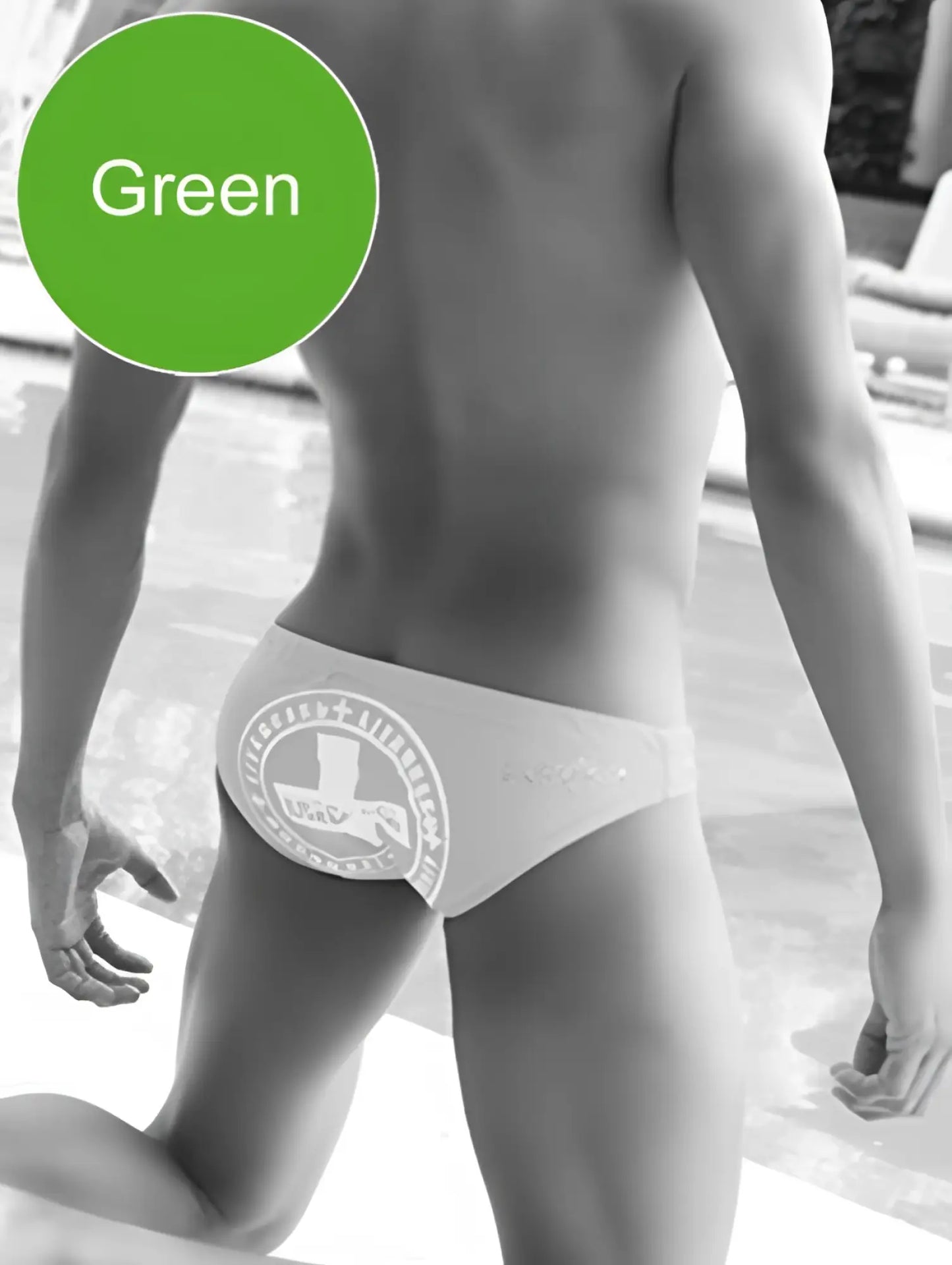 Green Icker Sea Lifeguard slip bikini swimwear with a white circular logo featuring a stylized figure and text
