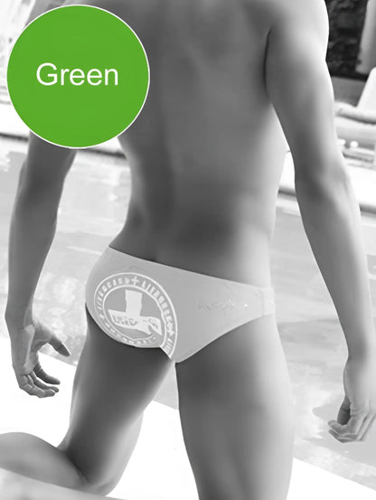 Green Icker Sea Lifeguard slip bikini swimwear with a white circular logo featuring a stylized figure and text