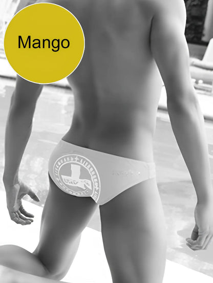 White men’s swim trunks with circular logo and emblem design from icker sea lifeguard slip bikini swimwear mango cob-13-23