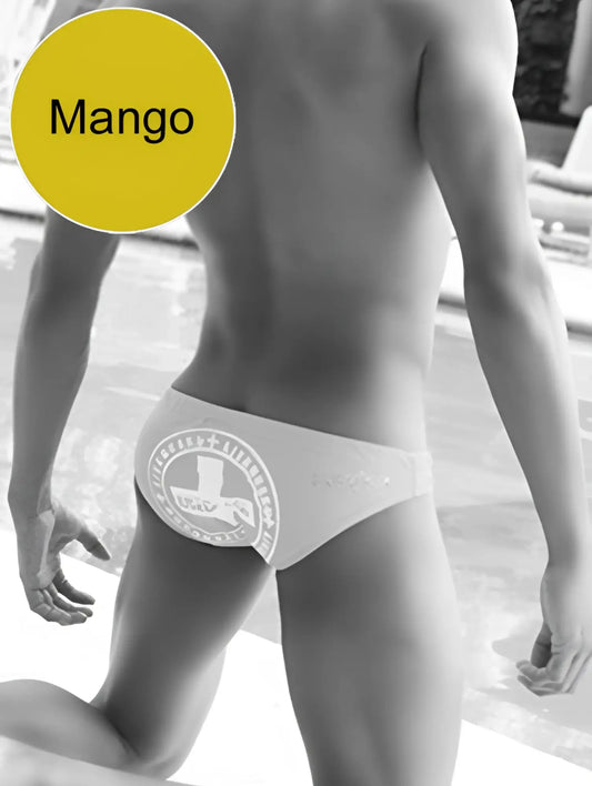 White men’s swim trunks with circular logo and emblem design from icker sea lifeguard slip bikini swimwear mango cob-13-23