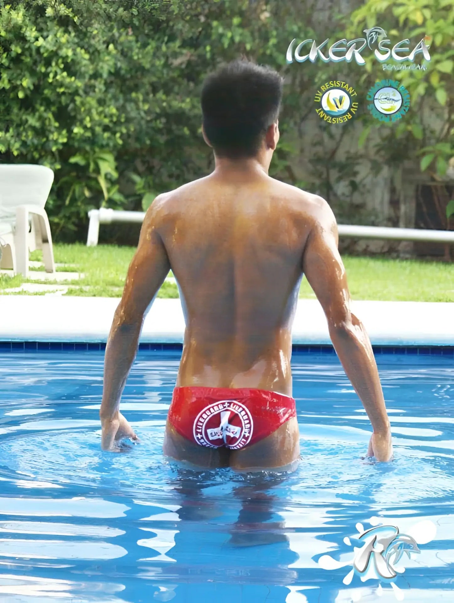 Red icker sea lifeguard slip bikini swimwear featuring white circular logo on swim trunks front side