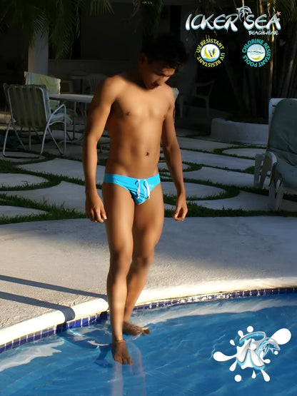 Icker Sea Lifeguard Stitching Tanga thong swimwear in bright blue with matching drawstring waistband for beachwear