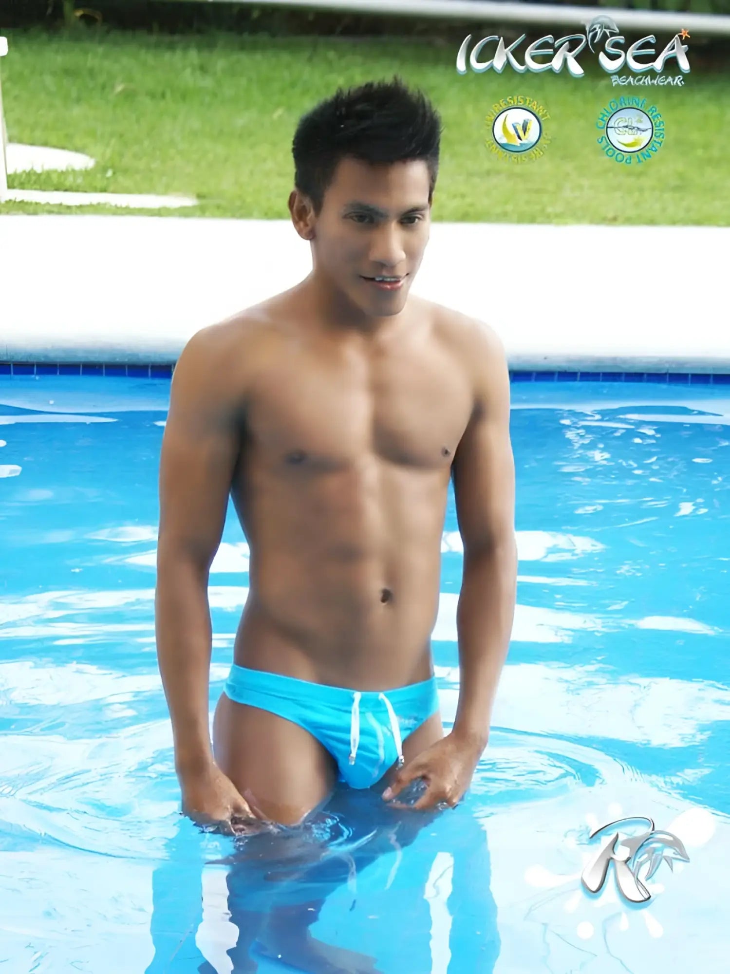 Bright blue icker sea lifeguard stitching tanga thong swimwear with white drawstrings shown from the back