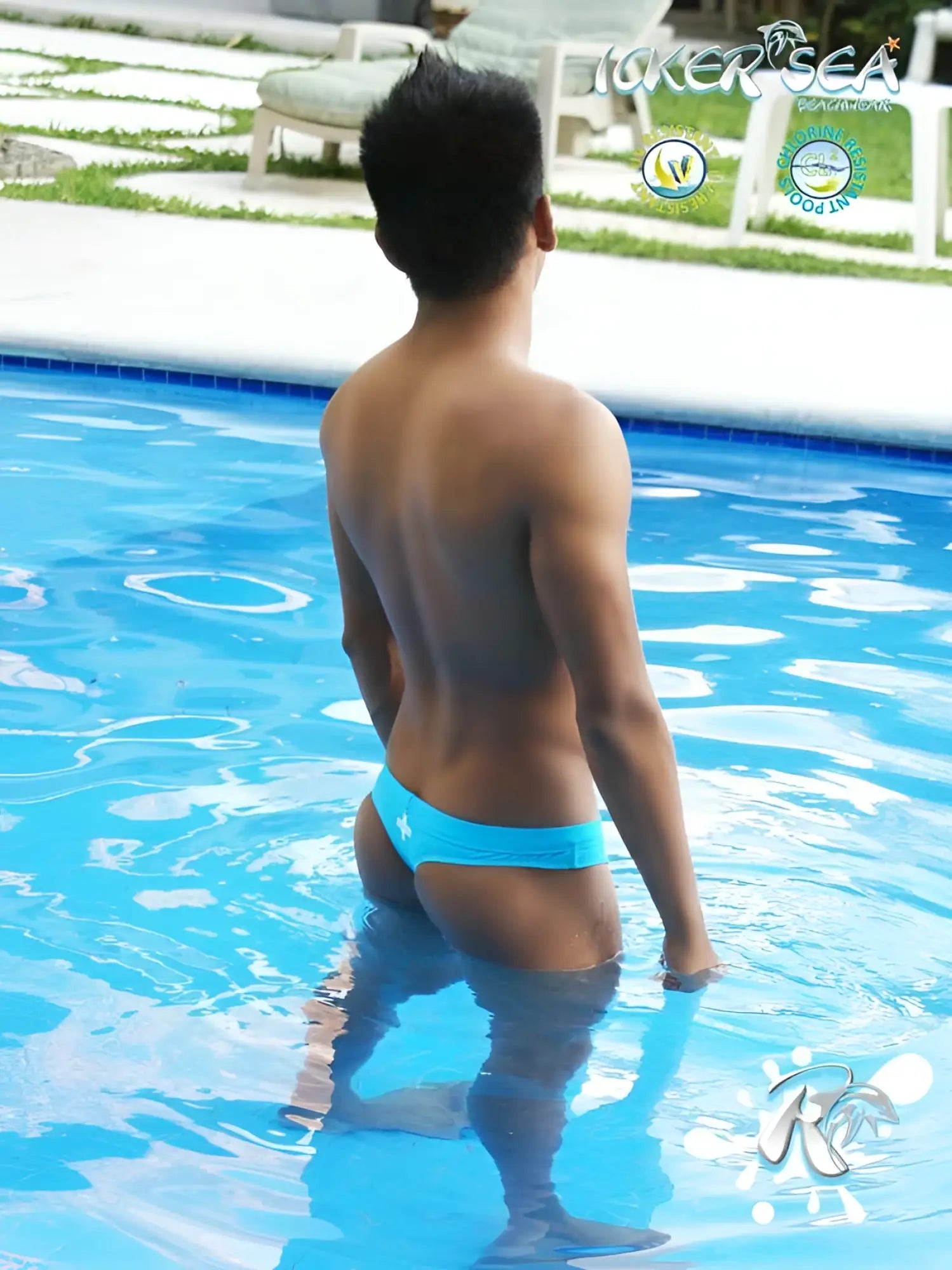 Icker sea lifeguard stitching tanga thong swimwear in bright blue with a white star emblem on the front
