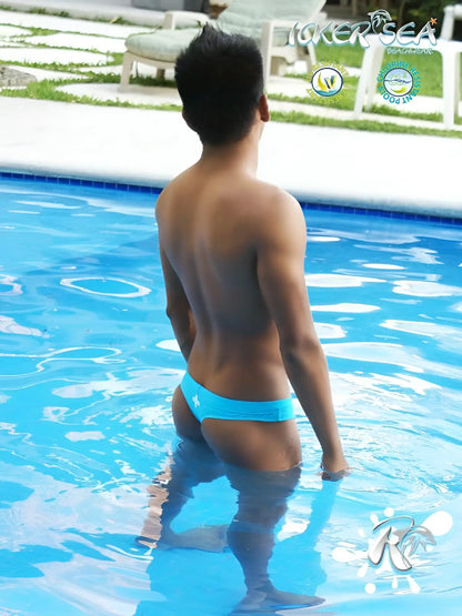 Icker sea lifeguard stitching tanga thong swimwear in bright blue with a white star emblem on the front