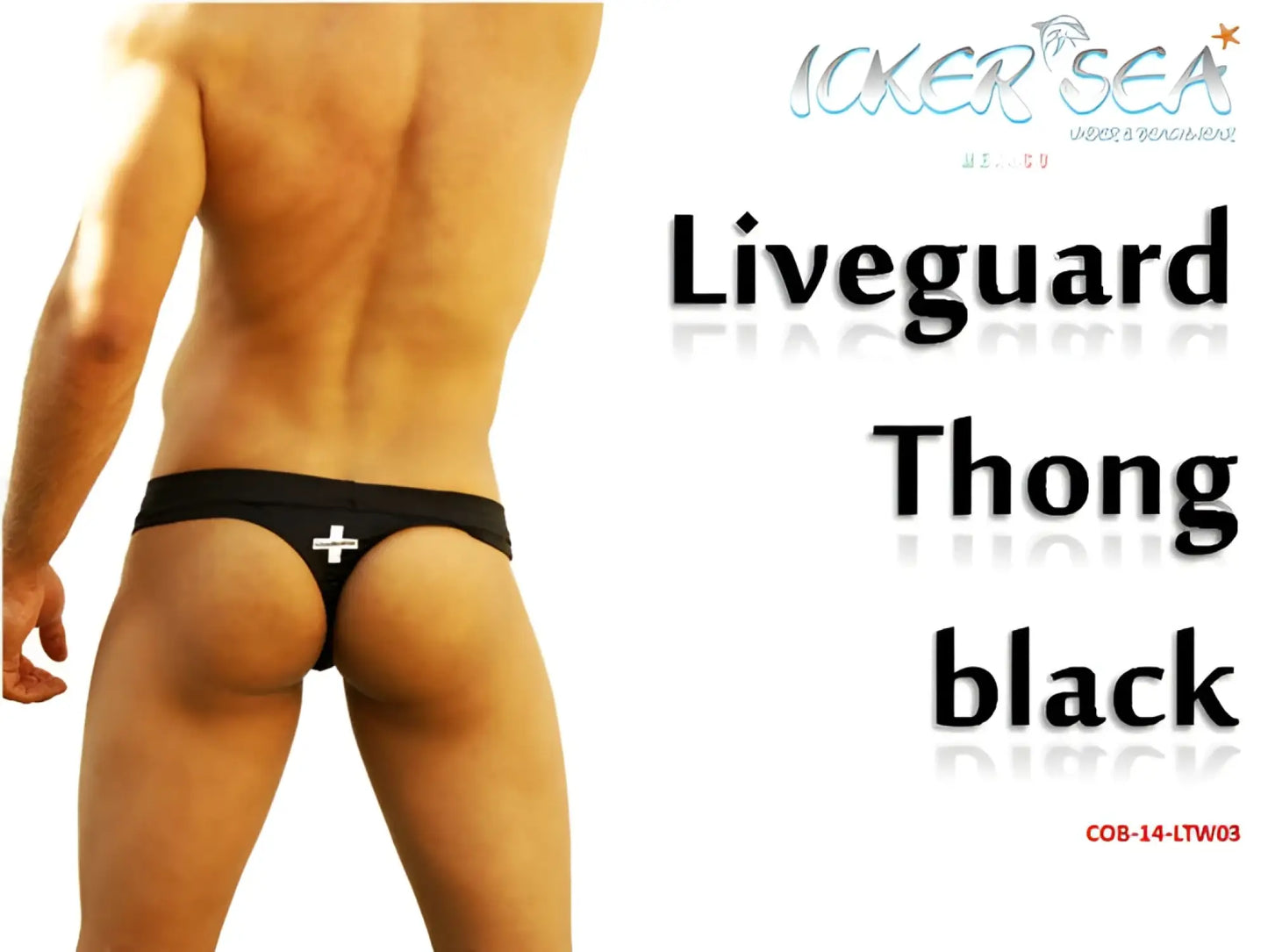 Black icker sea lifeguard tanga thong swimwear with white cross emblem showing the back side design