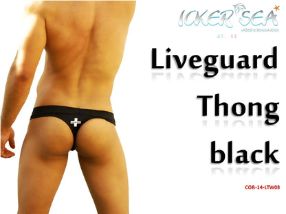Black icker sea lifeguard tanga thong swimwear with white cross emblem showing the back side design