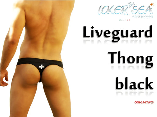 Black icker sea lifeguard tanga thong swimwear with white cross emblem showing the back side design