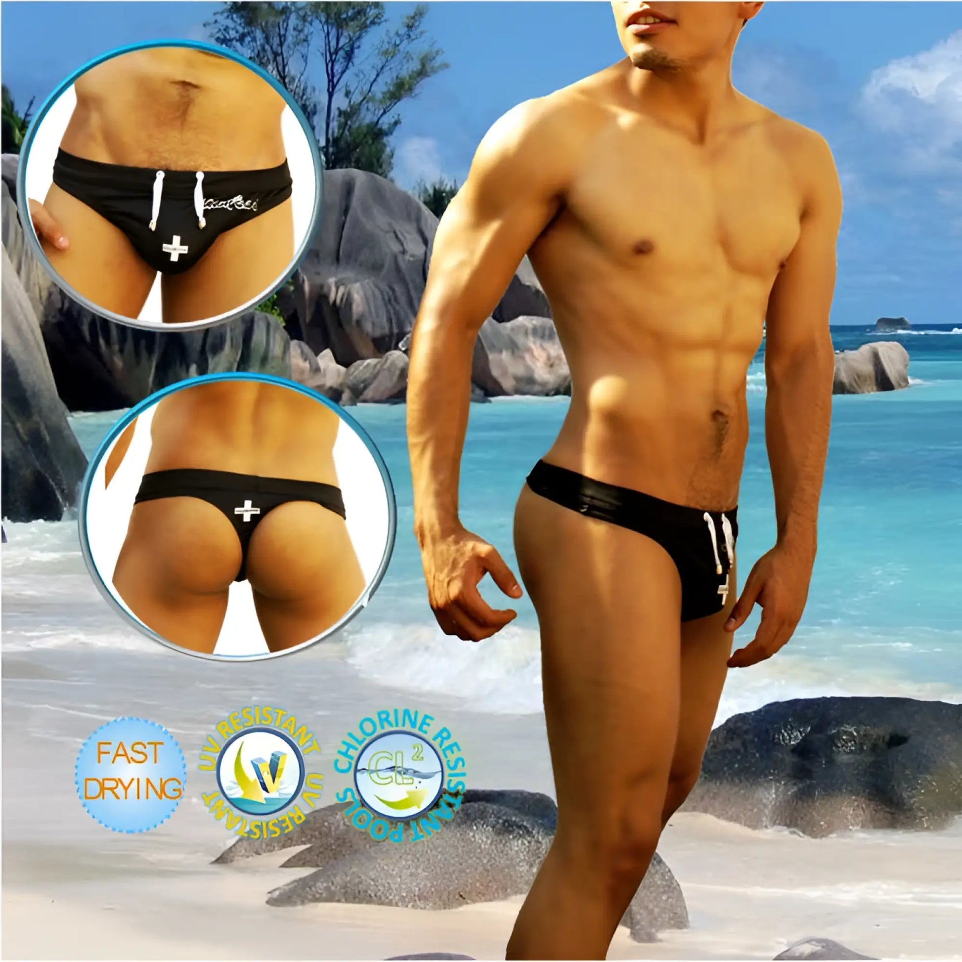 Icker Sea lifeguard tanga thong swimwear in black with white drawstrings and cross emblem for lifeguard use
