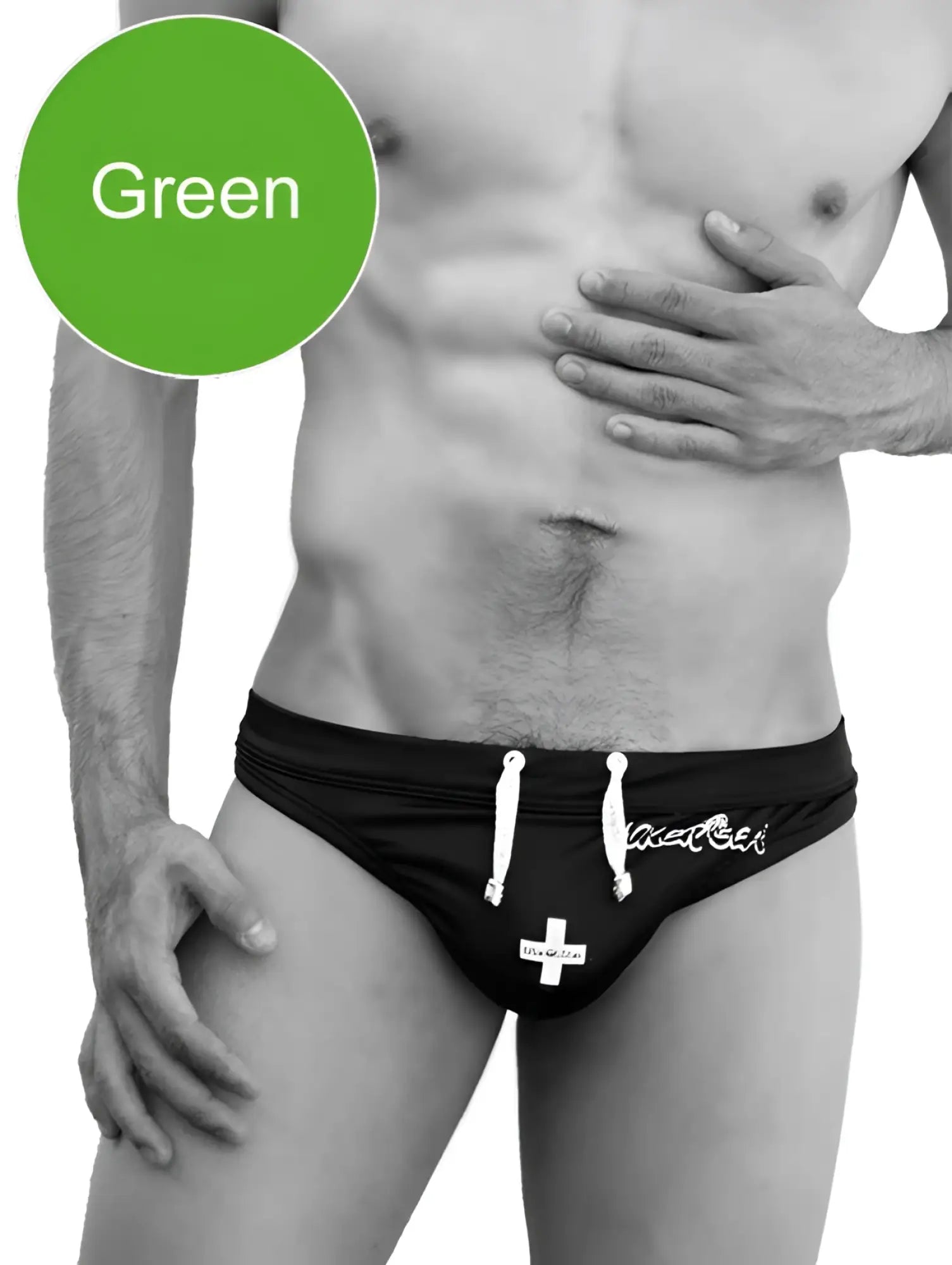 Black icker sea lifeguard tanga thong swimwear with white drawstrings and a white cross emblem on the front