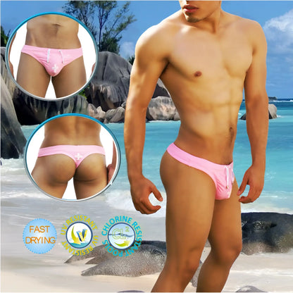 Icker sea lifeguard tanga thong swimwear pink with pink swim trunks featuring a drawstring and white cross design