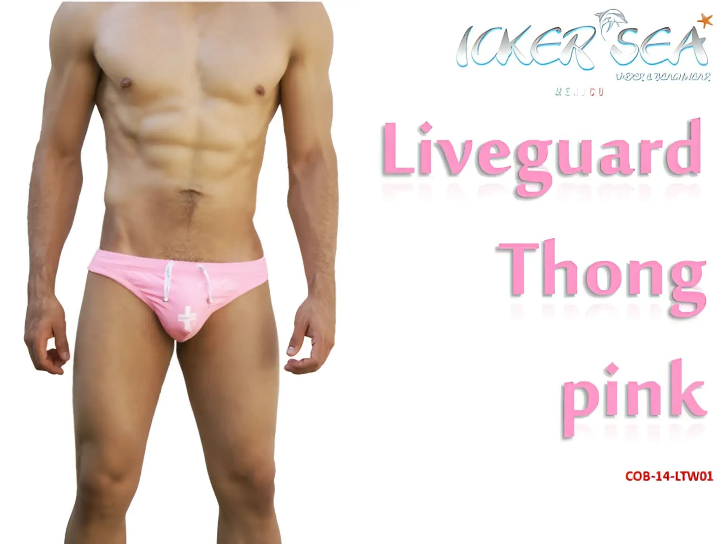Pink icker sea lifeguard tanga thong swimwear with white drawstring and cross detail front view