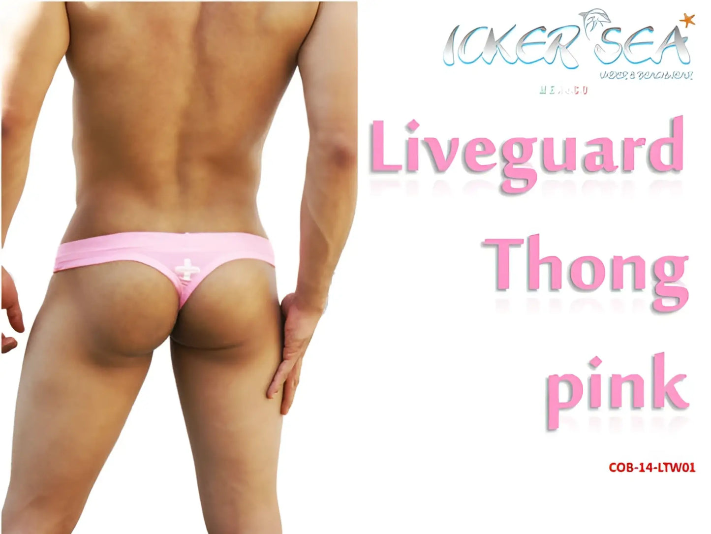 Back side of icker sea lifeguard tanga thong swimwear pink with small white cross design in thong style