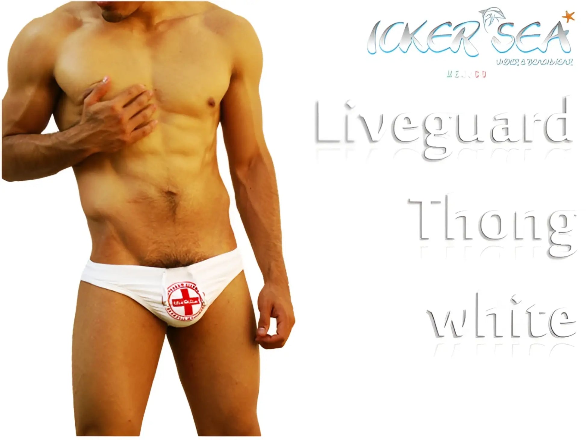White thong swim trunks with red cross liveguard text designed for lifeguard use icker sea cob-14-ltw02