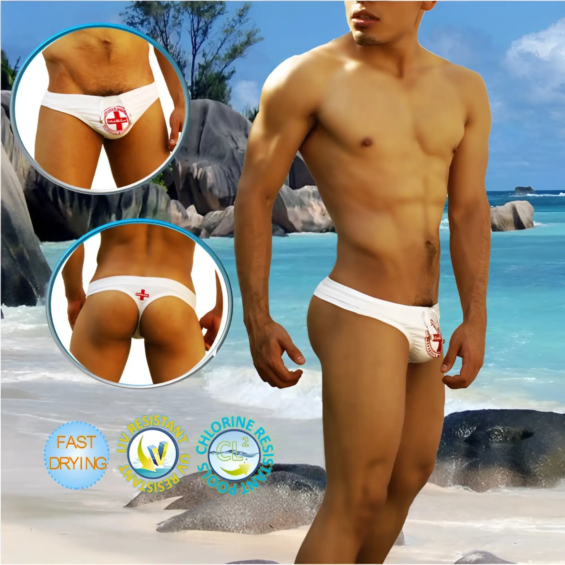 Icker Sea Lifeguard Tanga thong swimwear in white with a red cross emblem on front designed for lifeguards