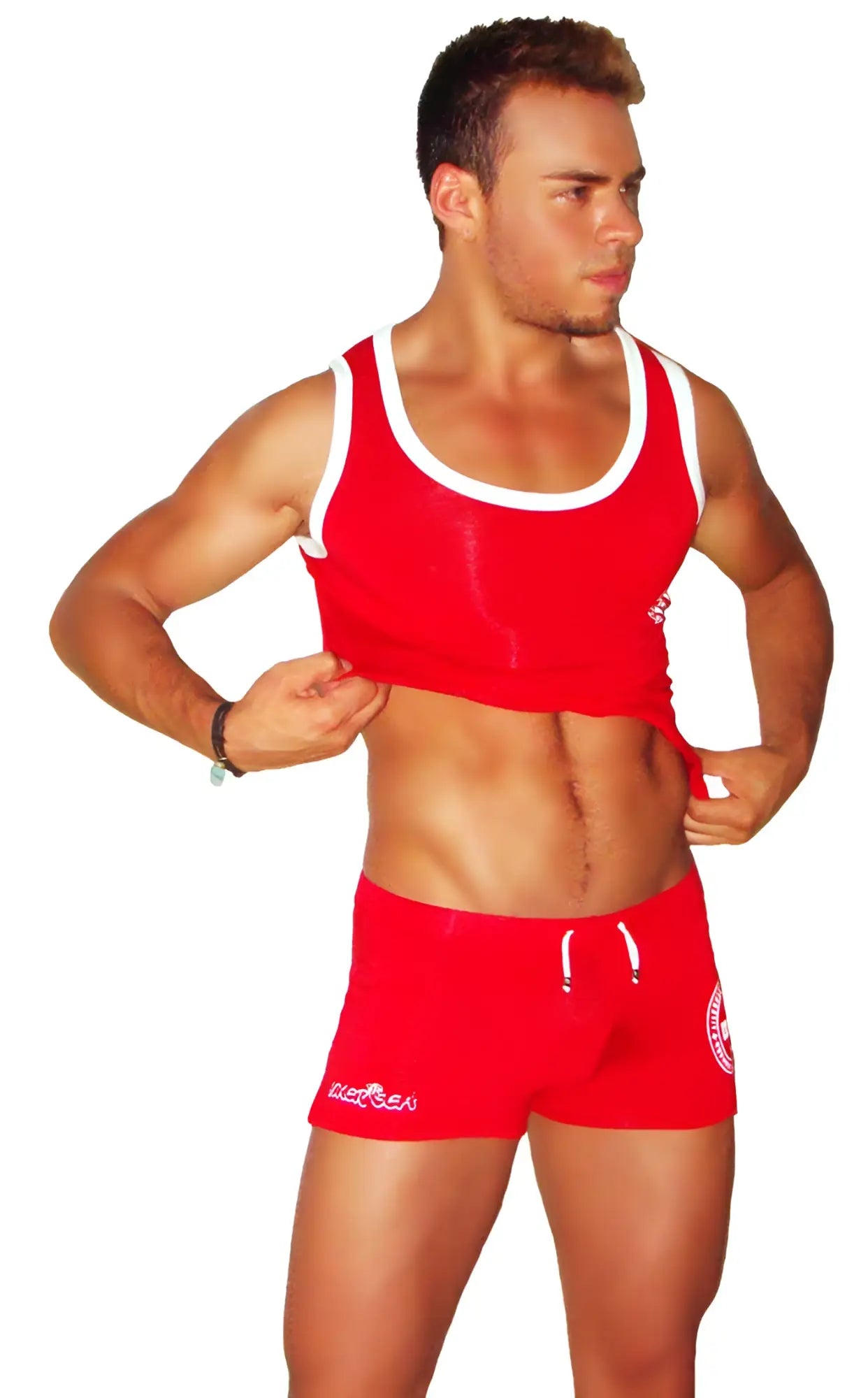 Icker Sea lifeguard tank top red with white trim and small logo on left chest for athletic use