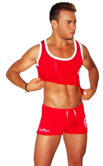 Icker Sea lifeguard tank top red with white trim and small logo on left chest for athletic use