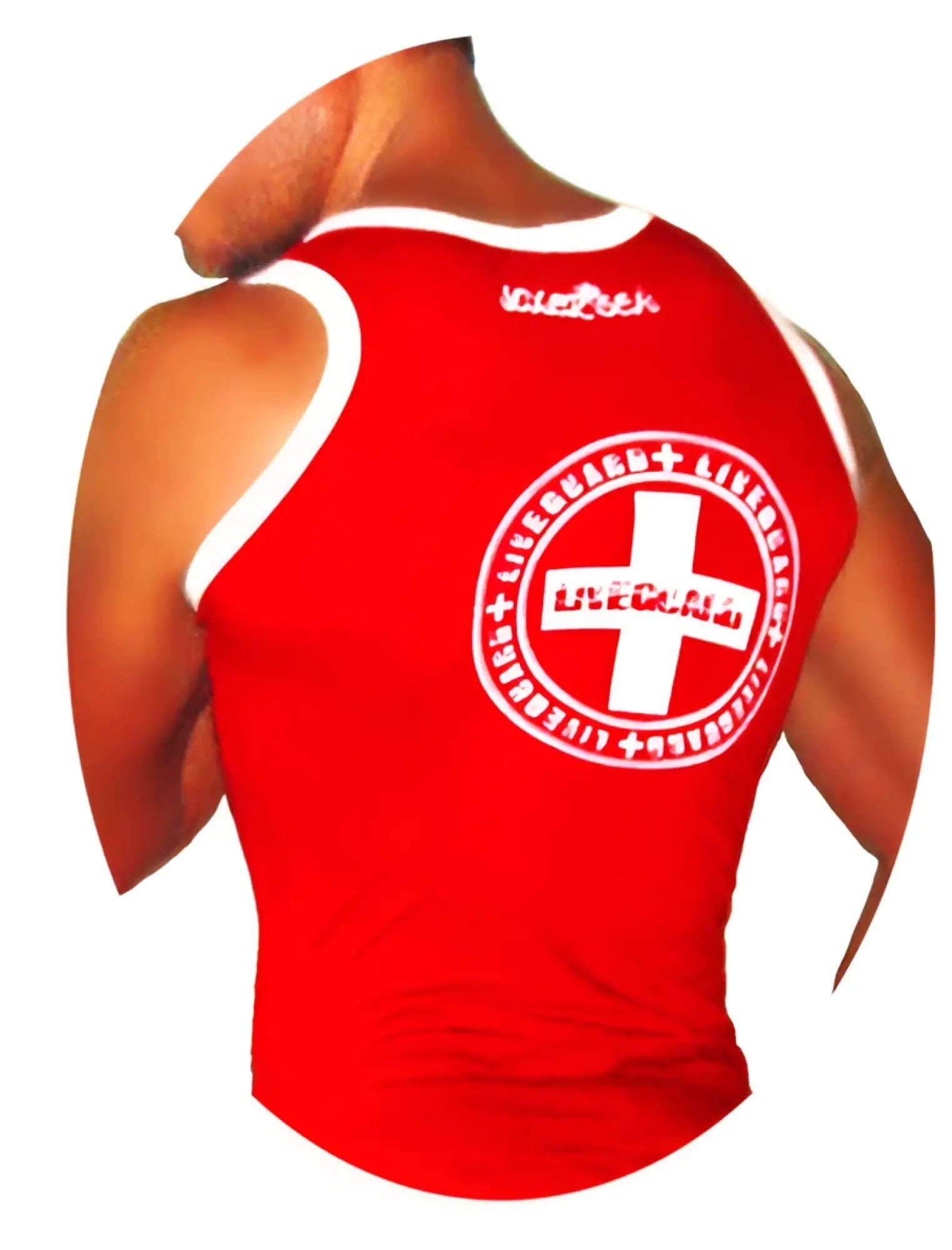 Red sleeveless Icker Sea lifeguard tank top with white trim and circular life saver emblem on back side
