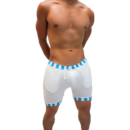 White athletic shorts by icker sea with blue and white candy stripe trim and drawstring closure model shr-21-01