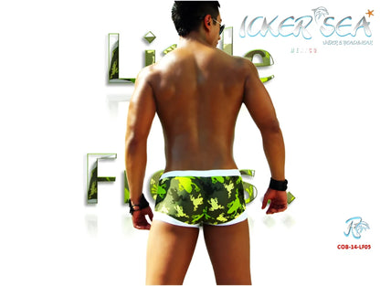Icker Sea Little Frogs green camouflage swim trunks with white trim low square cut for swimwear use
