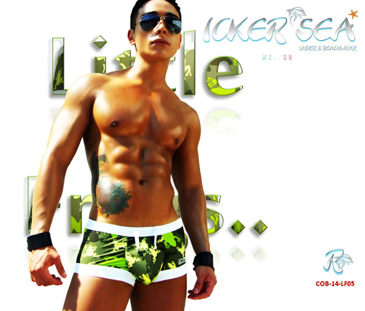 Icker Sea little frogs low square cut swim trunks with green and black camouflage pattern and white trim