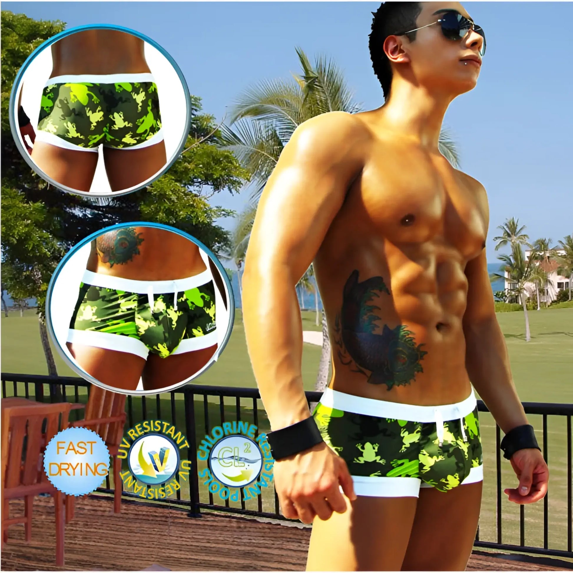 Icker Sea Little Frogs low square cut swim trunks in green and black camouflage with white trim for swimwear use