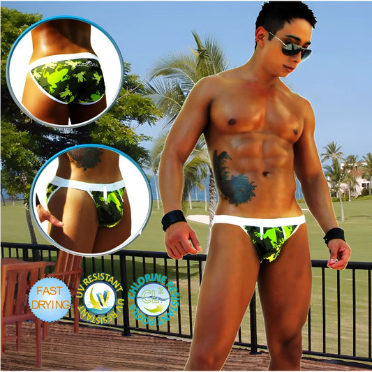 Green and black camouflage microslip bikini swimwear with white waistband from Icker Sea Little Frogs collection