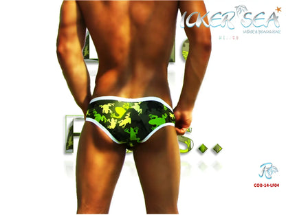 Icker Sea little frogs mini bikini swimwear green and black camouflage swim trunks with white trim for boys