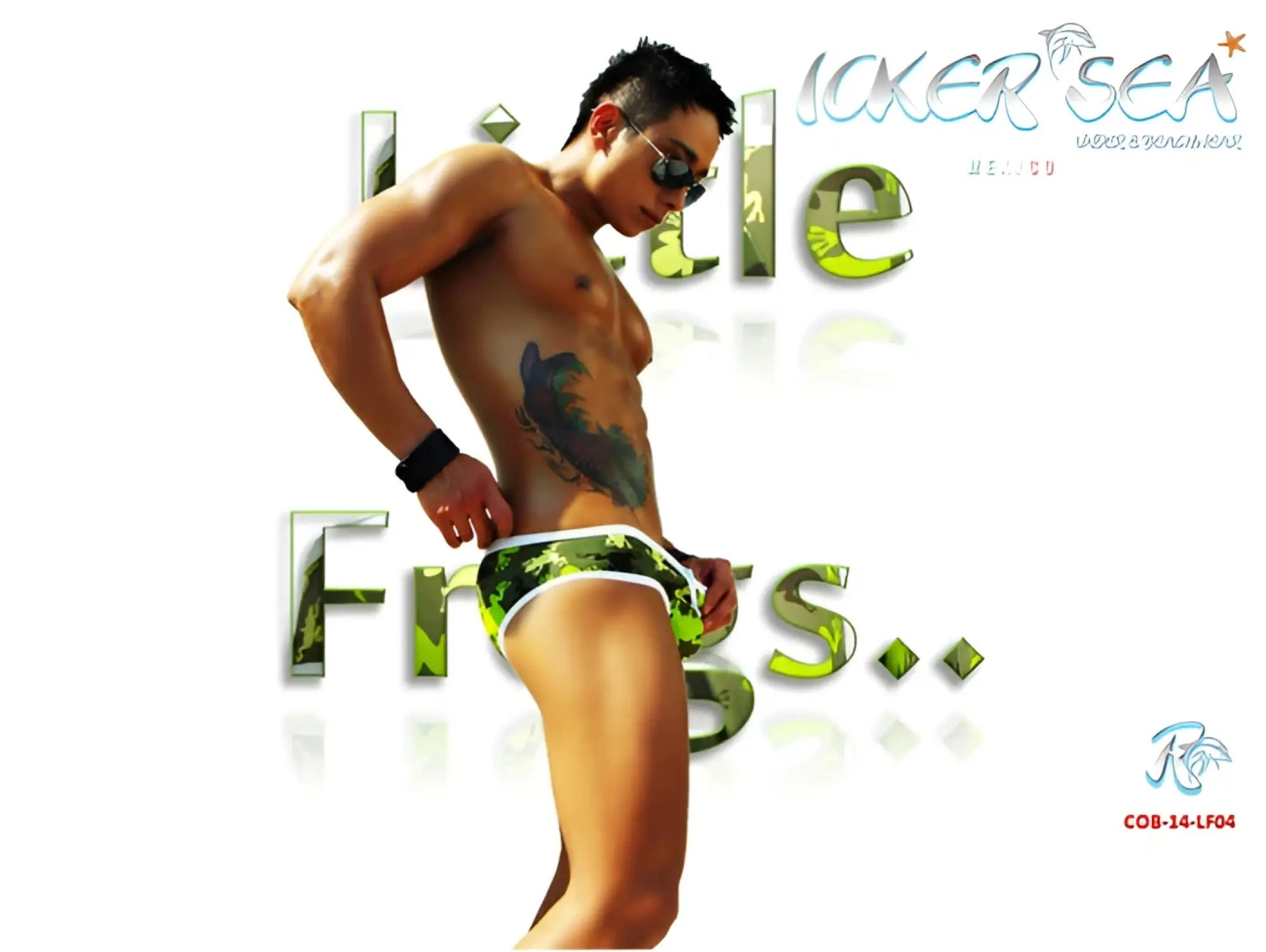 Green and black camouflage patterned swim trunks from icker sea little frogs mini bikini swimwear collection