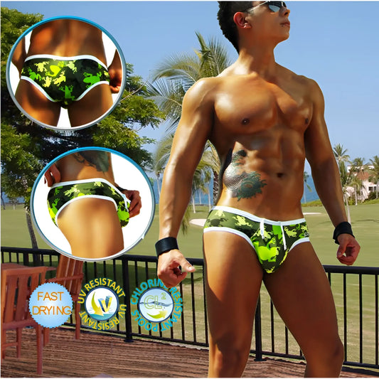Icker Sea Little Frogs mini bikini swimwear featuring green and black camouflage patterned swim trunks with white trim