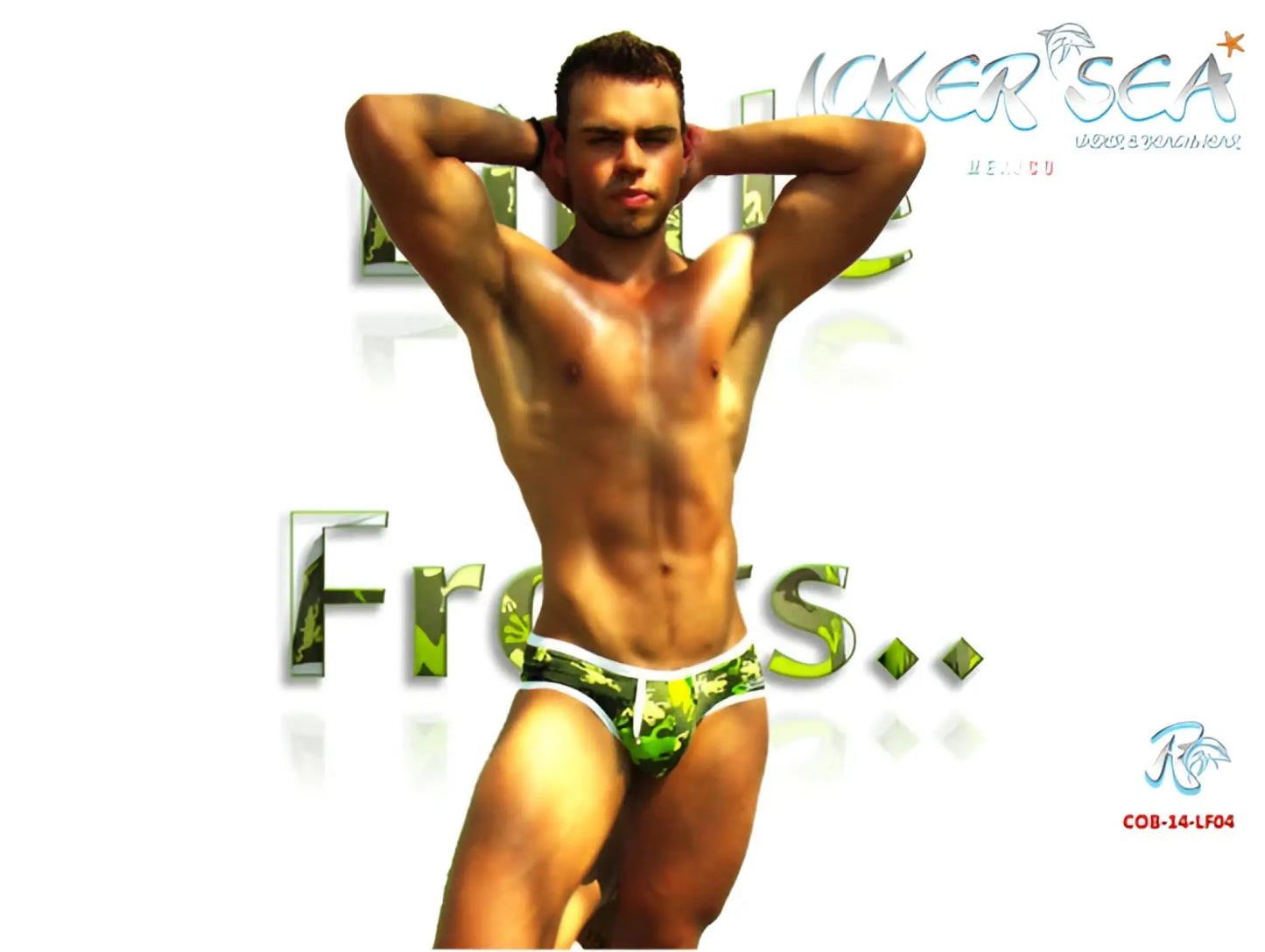 Icker Sea Little Frogs mini bikini swimwear in green and white with tropical leaf patterned swim trunks