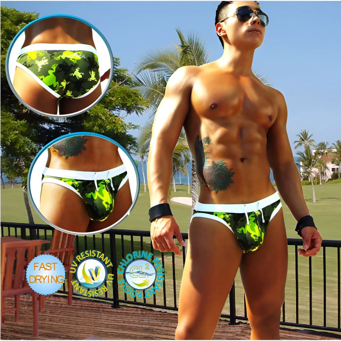 Icker Sea little frogs slip bikini swimwear green and black camouflage swim trunks with white trim front side view
