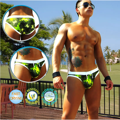 Icker Sea little frogs slip bikini swimwear green and black camouflage swim trunks with white trim front side view