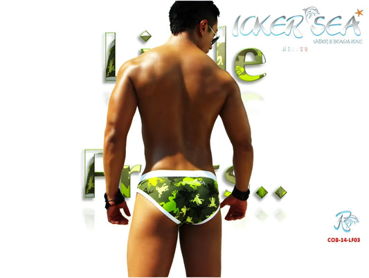 Icker Sea little frogs slip bikini swimwear green and black camouflage swim trunks with white trim for kids