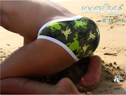 Icker Sea little frogs slip bikini swimwear featuring green frog-patterned swim trunks with white trim