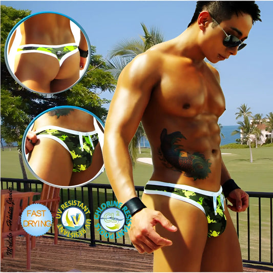 Icker Sea Little Frogs tanga thong swimwear in green and black camouflage with white trim designed for swim use