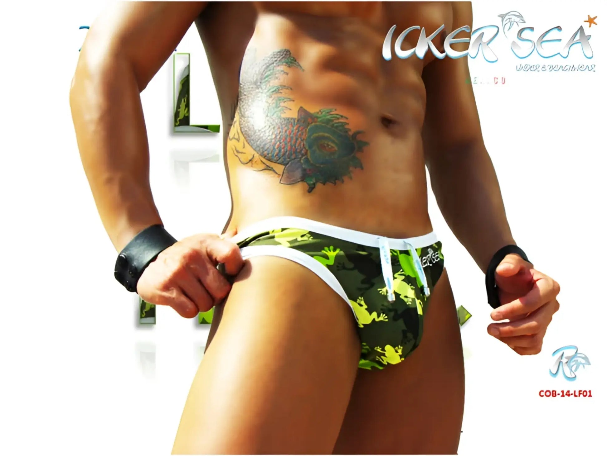 Icker Sea Little Frogs Tanga thong swimwear in green and black camouflage with white trim for swimwear use