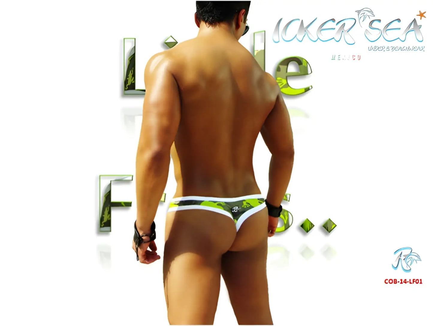 Icker sea little frogs tanga thong swimwear in green and black patterned fabric with white trim for swimming