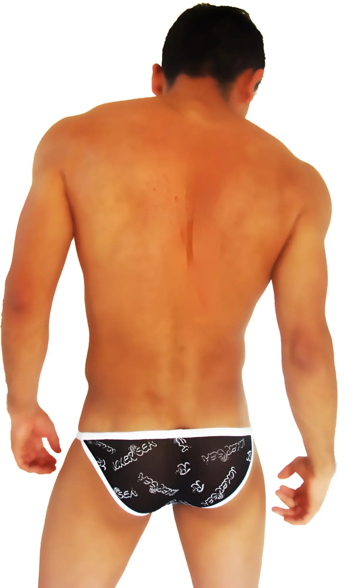 Black briefs with white trim featuring a repeating venum logo pattern made of mesh microfiber material