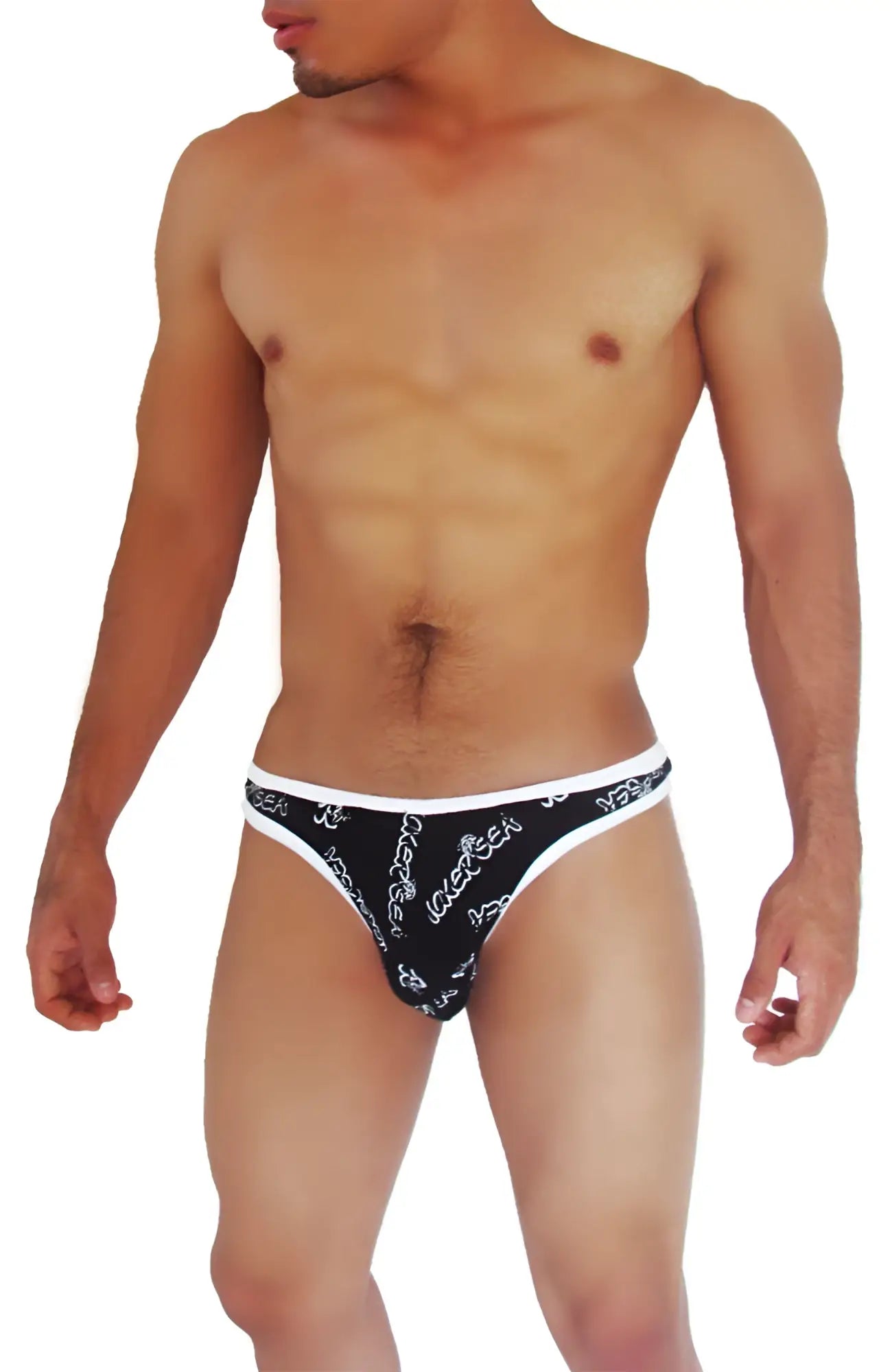 Black and white patterned men’s briefs with bold repeating ladies sex logo and mesh thong design by icker sea