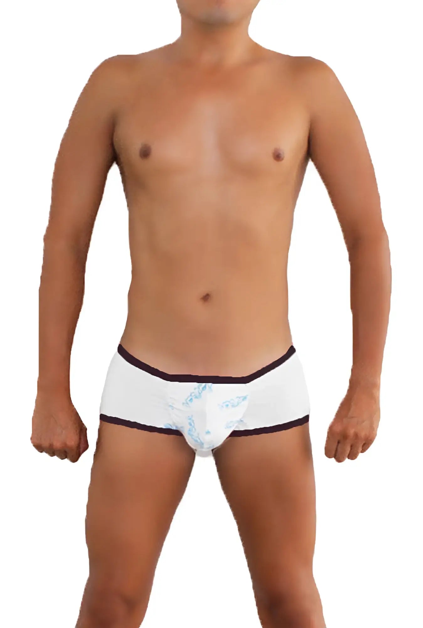 Icker sea logo white mini boxer briefs with subtle blue pattern and black contrast trim for comfortable wear