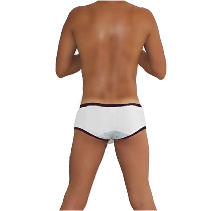 White icker sea logo pouch contrast trim mini boxer brief underwear back view with dark trim and subtle blue pattern