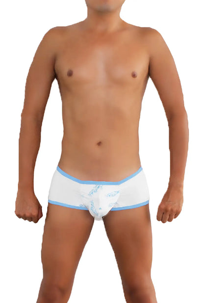 White icker sea logo pouch mini boxer briefs with blue contrast trim and subtle patterned design