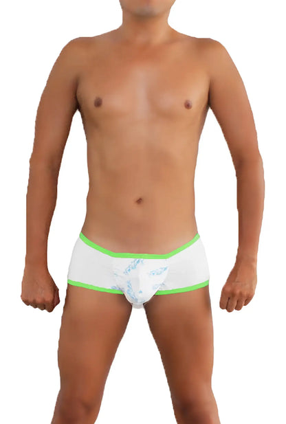 Icker sea logo pouch mini boxer brief underwear in white with neon green trim and subtle blue pattern