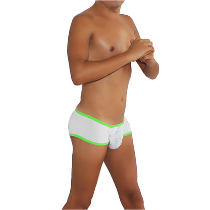 Icker Sea logo pouch mini boxer brief underwear in white with neon green trim and light blue floral embroidery