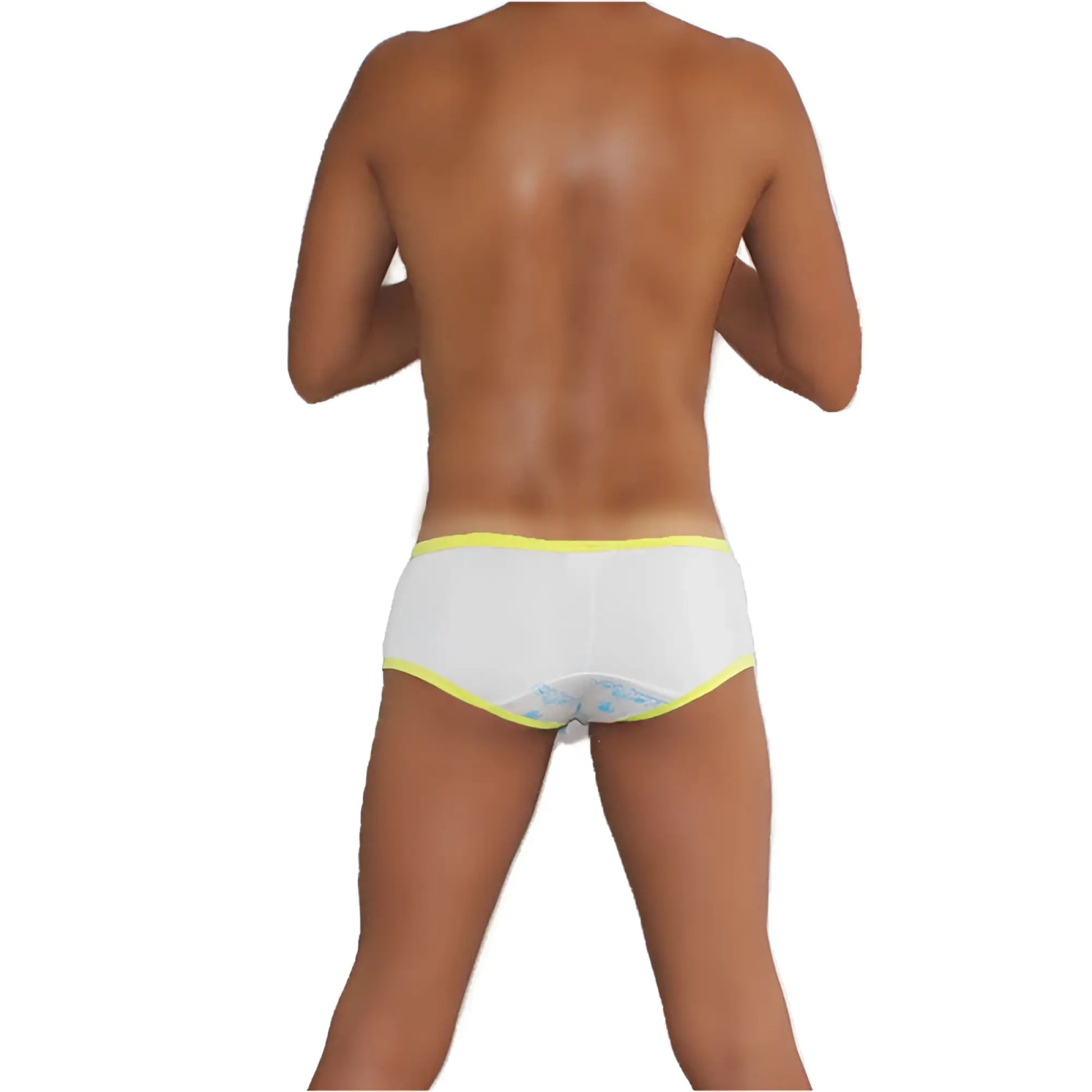 Icker Sea logo pouch mini boxer brief back side in white with bright yellow trim and light blue floral pattern