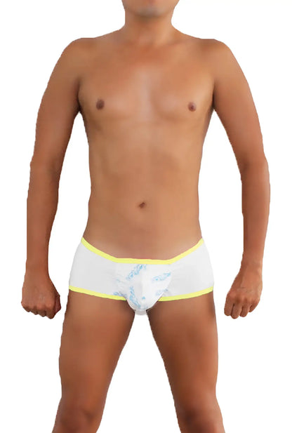 Icker sea logo pouch contrast trim mini boxer brief underwear in white with light blue leaf pattern and bright yellow trim