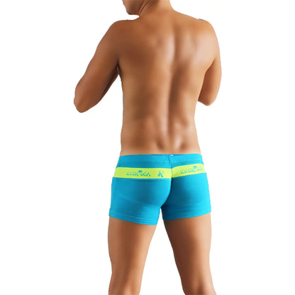Bright blue boxer briefs with neon yellow rocker logo waistband from icker sea logo stripe underwear blue green shr 16 01